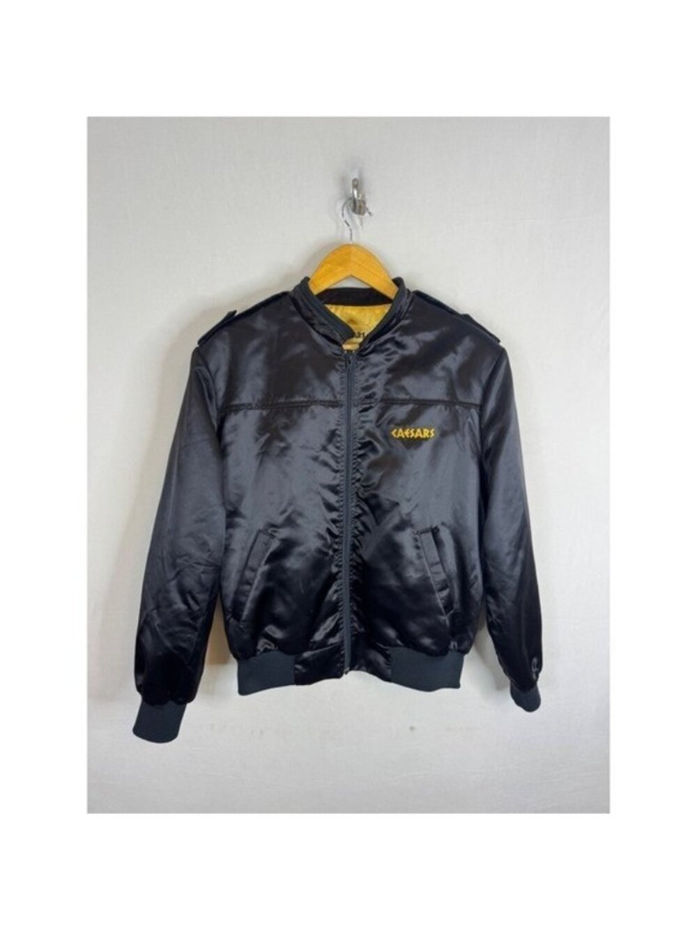 Vintage Caesars Palace Las Vegas Satin Bomber Jacket Black Yellow Embroidered L